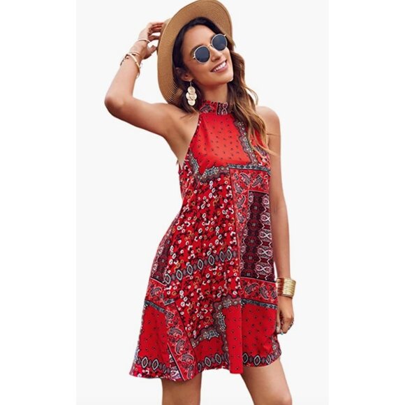 Boho Red Paisley Printed Chiffon A-Line Halter Sleeveless Mini Shift Dress - Picture 5 of 7